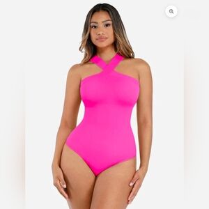 Feelingirl Plus Magenta Cross Halter Top Bodysuit